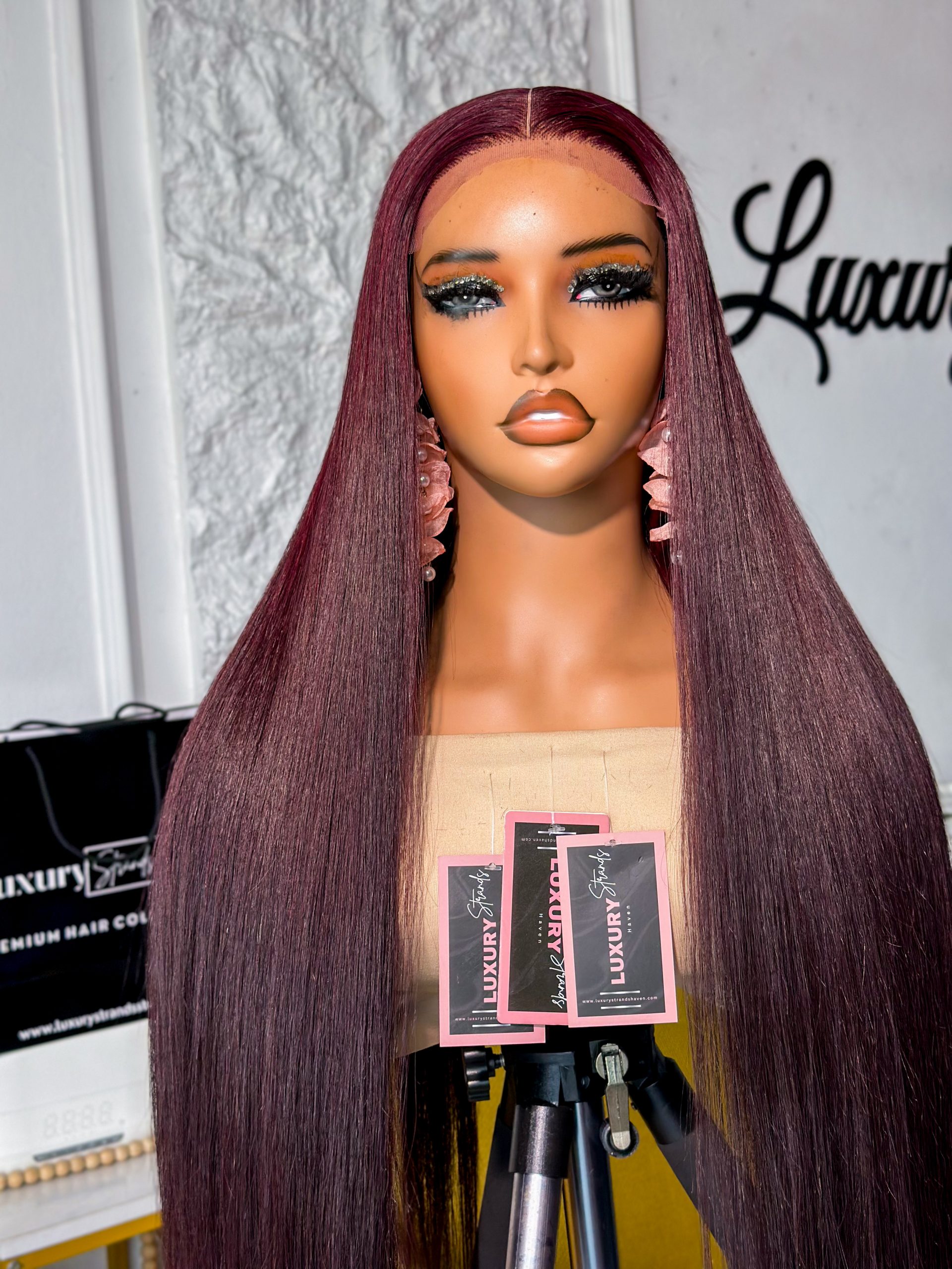 Dark Burgundy Bone Straight Wig | 5x5 transparent lace | 350 grams - Image 3